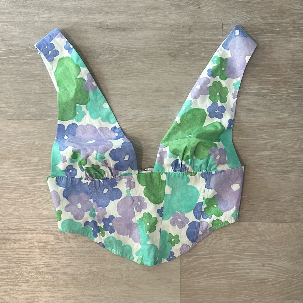 ASOS Design Plunge Front Top with Corset Waist in Lilac & Green floral-Multi